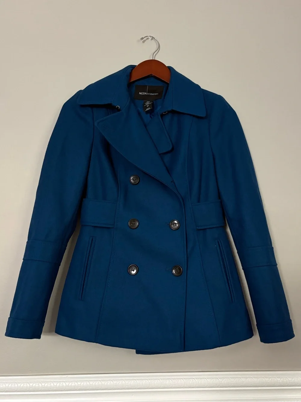 Moda International Teal Double Breasted Pea Coat Wool Blend Jacket 2 Tailored